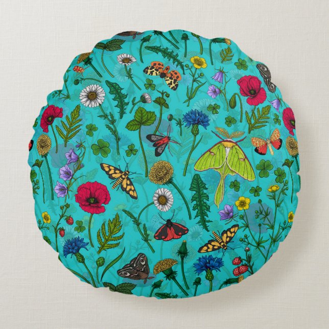 Wild flowers and moths on teal round cushion (Front)