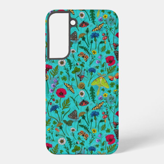 Wild flowers and moths on teal samsung galaxy s22+ case (Back)