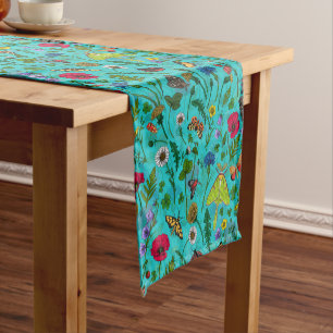 Wild flowers and moths on teal short table runner