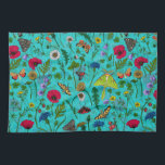 Wild flowers and moths on teal tea towel<br><div class="desc">Hand-painted collection of various wild flowers.</div>