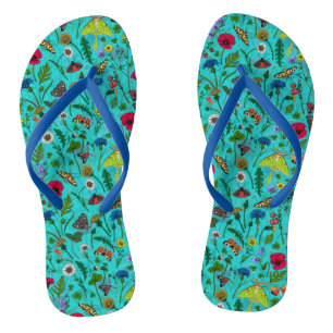 Wild flowers and moths on teal thongs