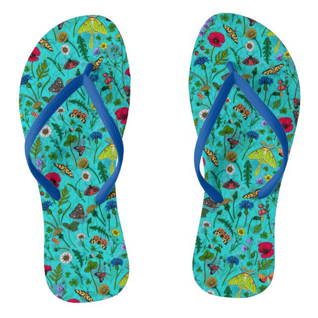 Wild flowers and moths on teal thongs (Footbed)