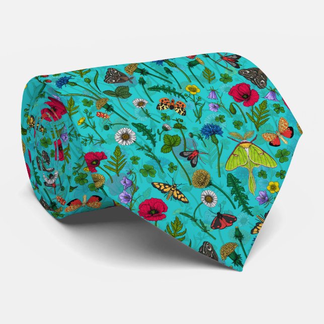 Wild flowers and moths on teal tie (Rolled)