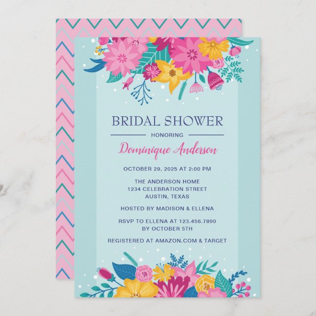 Wild Flowers Blue and Pink Bridal Shower Invitation (Front/Back)