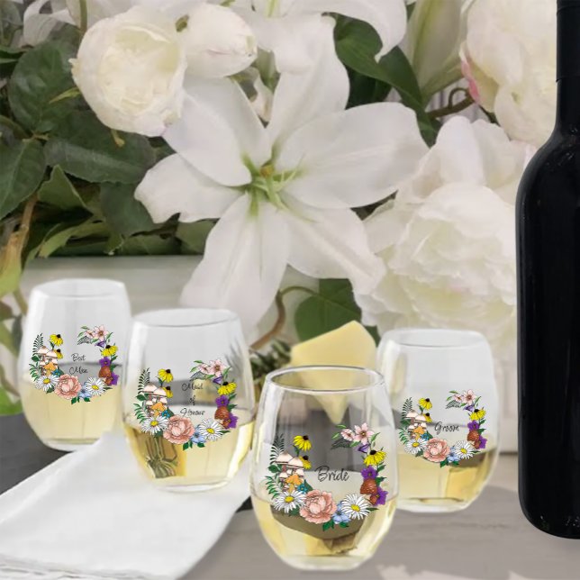 Wild Flowers Blue Mushrooms Stemless Wine Glass (Creator Uploaded)