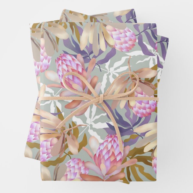 Wild Flowers Botanical Protea Wrapping Paper Sheet (In situ)