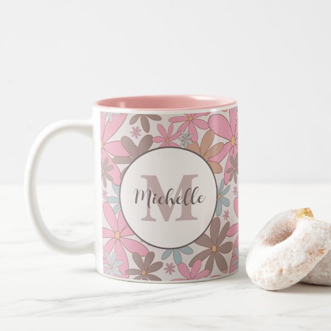 Wild Flowers Daisy Personalised with Name Floral Two-Tone Coffee Mug (With Donut)