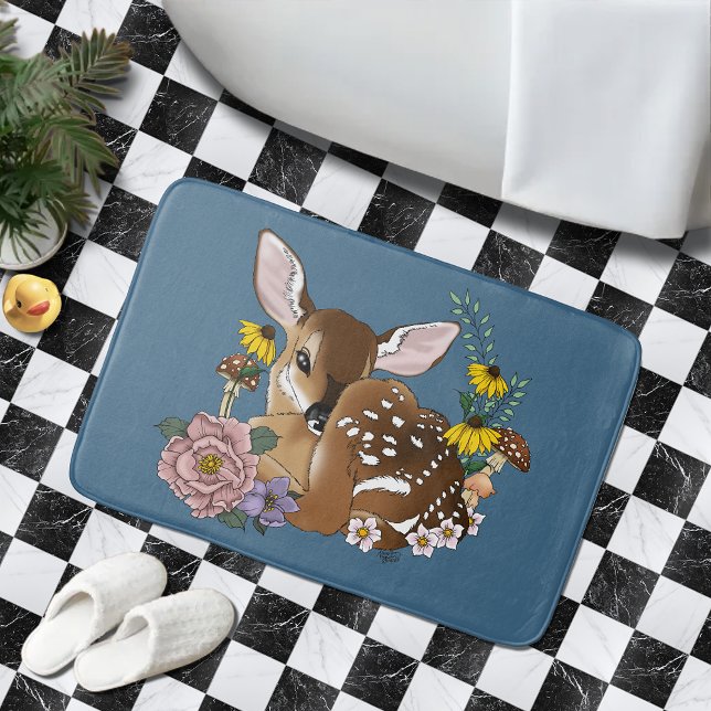Wild Flowers Fawn Blue Bath Mat (Creator Uploaded)
