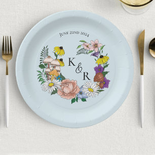 Wild Flowers Floral Blue Mushrooms Paper Plate