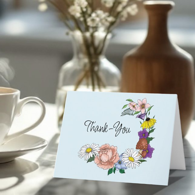Wild Flowers Floral Blue Mushrooms Thank You Card (Creator Uploaded)