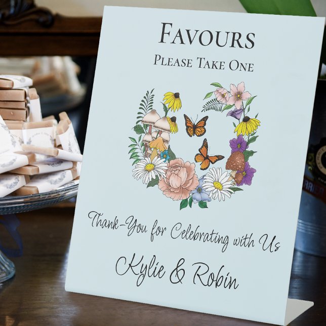 Wild Flowers Floral Blue Mushrooms Wedding Favours Pedestal Sign (Creator Uploaded)