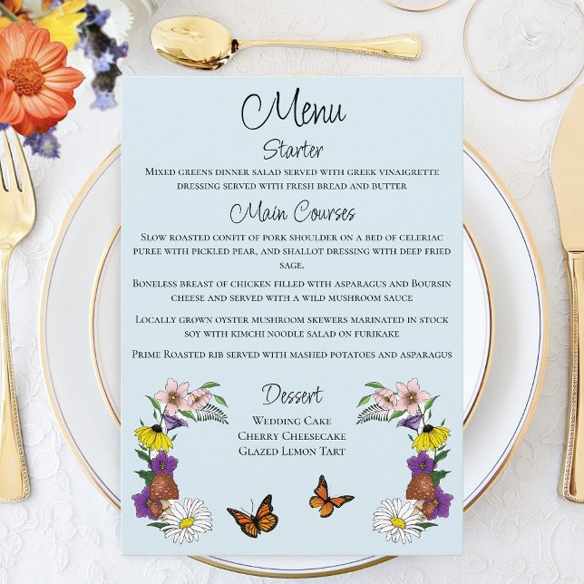 Wild Flowers Floral Blue Mushrooms Wedding Menu (Creator Uploaded)