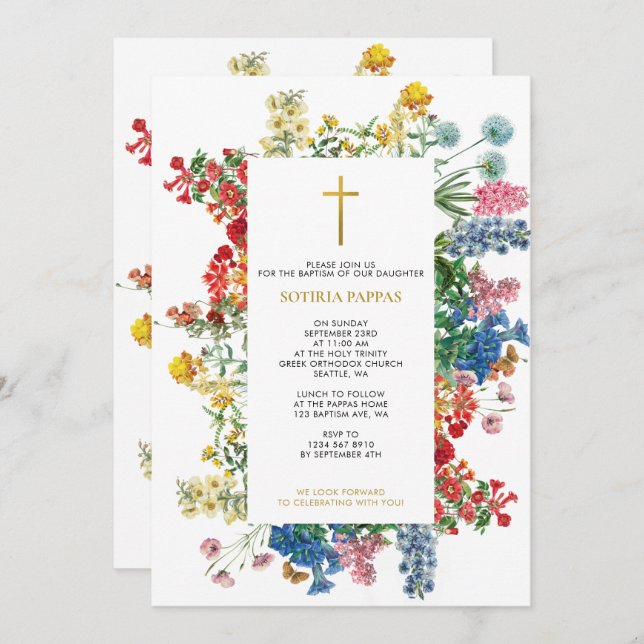Wild Flowers Greek Orthodox Christening Baptism Invitation (Front/Back)