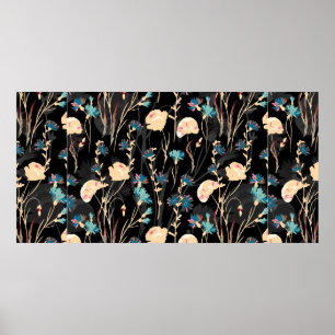 Wild flowers illustrations. Vintage seamless patte Poster