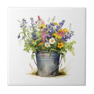 Wild flowers in a bucket ceramic tile
