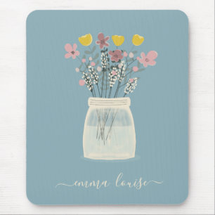 Wild Flowers Mason Jar Hand Lettered Monogram Mouse Pad