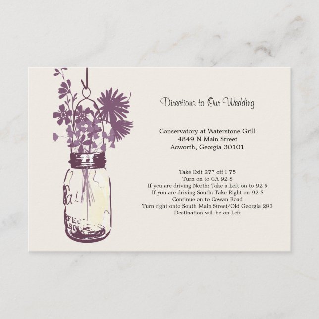 Wild flowers & Mason Jar Wedding Directions Enclosure Card (Front)