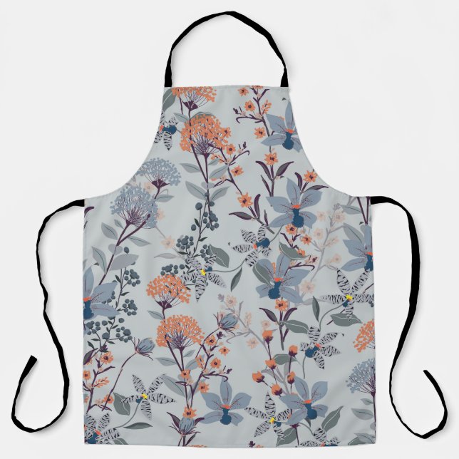 Wild flowers on blue, botanical pattern. apron (Front)