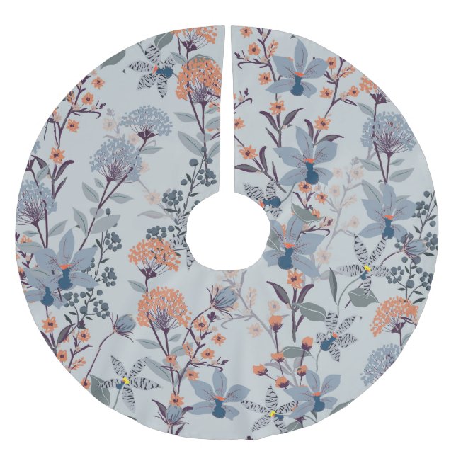 Wild flowers on blue, botanical pattern. brushed polyester tree skirt (Front)