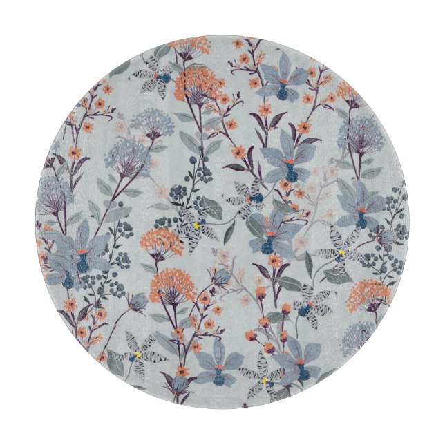 Wild flowers on blue, botanical pattern. cutting board (Front)