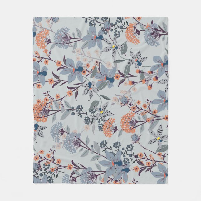 Wild flowers on blue, botanical pattern. fleece blanket (Front)