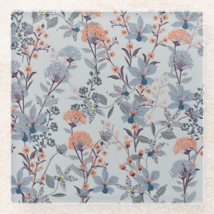 Wild flowers on blue, botanical pattern. glass coaster