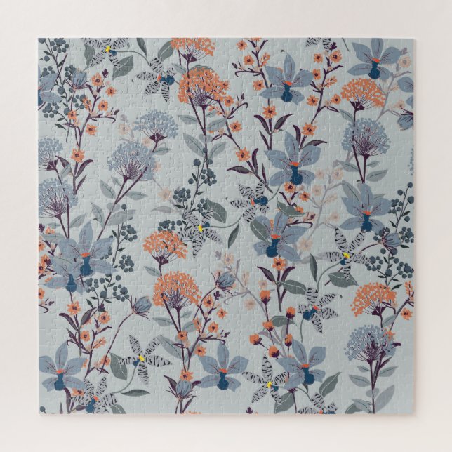 Wild flowers on blue, botanical pattern. jigsaw puzzle (Vertical)