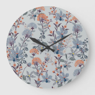Wild flowers on blue, botanical pattern. large clock