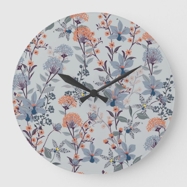 Wild flowers on blue, botanical pattern. large clock (Front)