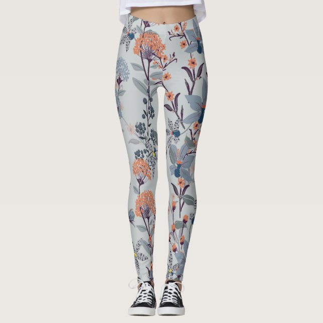 Wild flowers on blue, botanical pattern. leggings (Front)