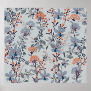 Wild flowers on blue, botanical pattern. poster