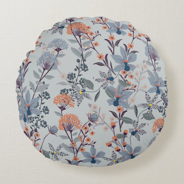 Wild flowers on blue, botanical pattern. round cushion (Front)