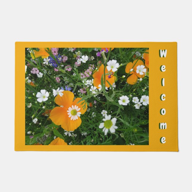 Wild Flowers: Orange White Cust. Welcome Door Mat (Front)