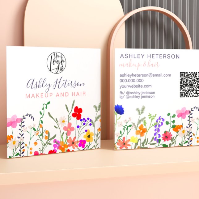 Wild flowers pastel qr code logo hair makeup square business card (Creator Uploaded)