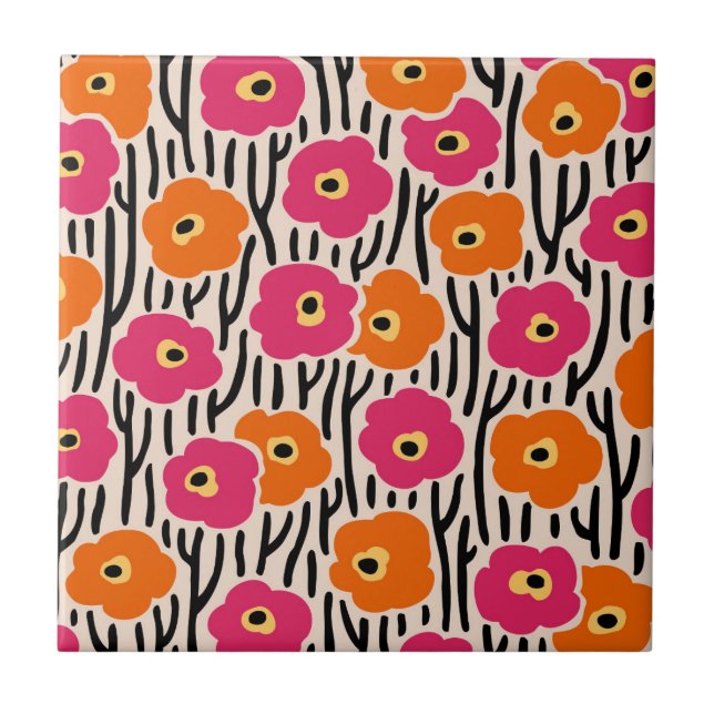 Wild Flowers Pattern Hot Pink and Orange Ceramic Tile (Front)