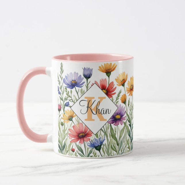 Wild flowers personalised name and initial letter  mug (Left)