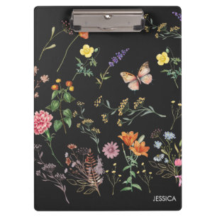 Wild Flowers Pressed Floral Black Name Clipboard