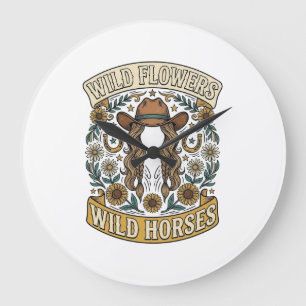 Wild Flowers Wild Horses Vintage Western Floral De Large Clock