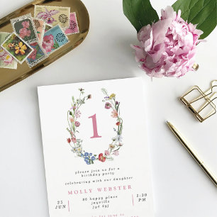 Wild Flowers Wreath Girl's 1st Birthday Party Invitation