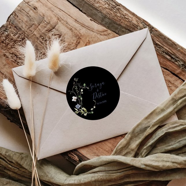 Wild Forest Floral Black Wedding    Classic Round Sticker (Creator Uploaded)