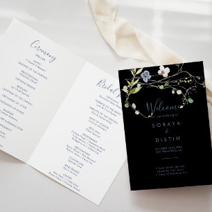 Wild Forest Floral Folded Black Wedding Program