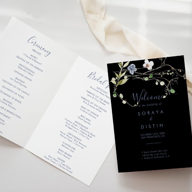 Wild Forest Floral Folded Black Wedding Program (Creator Uploaded)