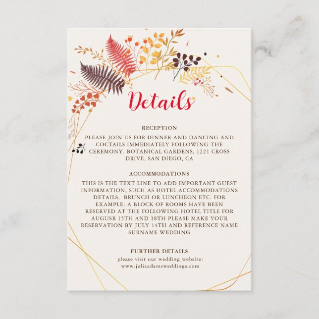 Wild Forest Flowers Fern Mushrooms Foliage Wedding Enclosure Card (Front)
