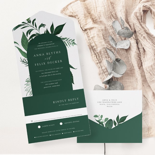 Wild Forest Green Botanical Arch Wedding All In One Invitation (Creator Uploaded)