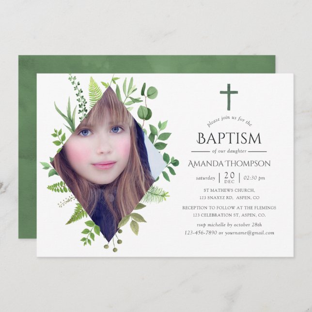 Wild Forest Greenery Baptism or Christening Invitation (Front/Back)