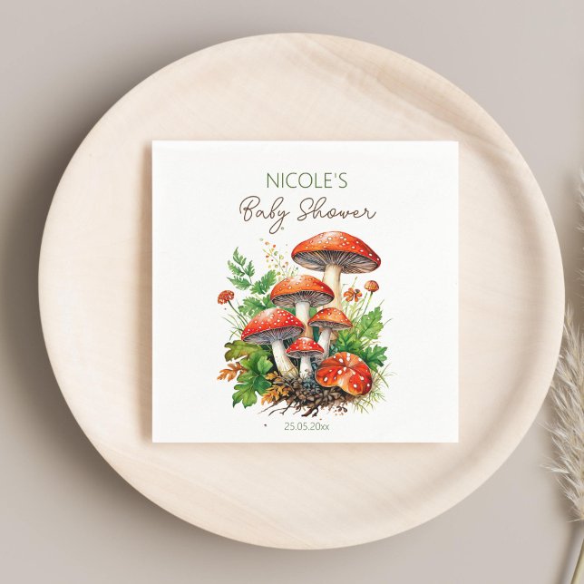 Wild forest mushrooms baby shower printed template napkin (Wild forest red mushrooms fern baby shower monogram printed template napkins personalized decor)