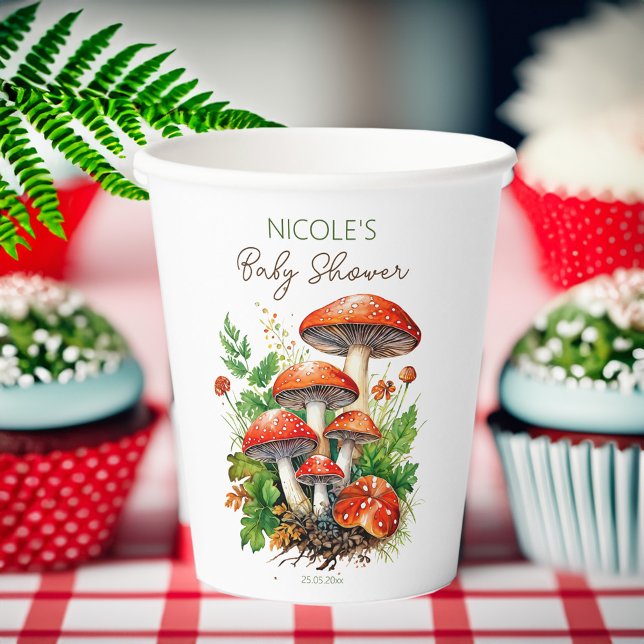 Wild forest mushrooms baby shower printed template paper cups (Wild forest red mushrooms green fern baby shower printed template paper cups personalized decor)