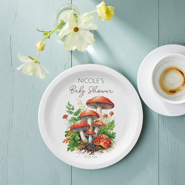 Wild forest mushrooms baby shower printed template paper plate (Wild forest red mushrooms green fern baby shower printed paper plates template custom  table decor)