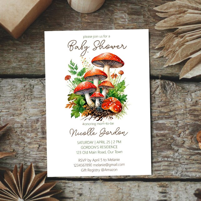 Wild forest mushrooms baby shower template (Wild forest red mushrooms green fern baby shower invitation editable template instant download )