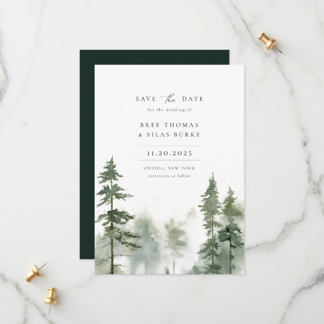 Wild Forest Pine Tree Photo Wedding Save The Date (Front/Back In Situ)